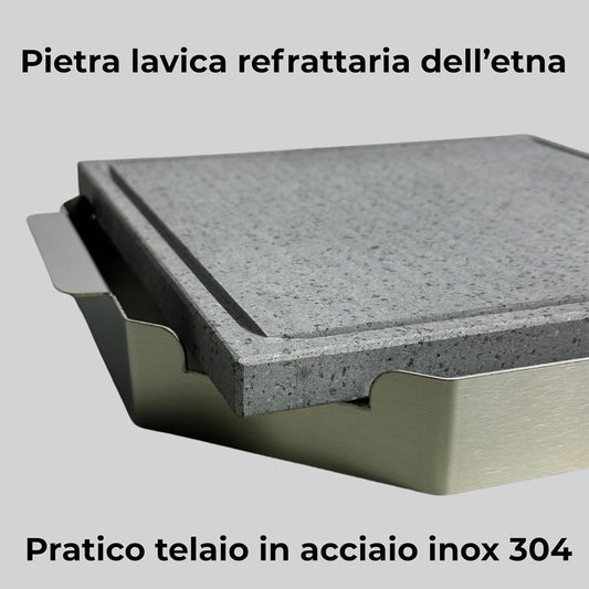 Dettaglio telaio acciaio inox e piastra refrattaria pietra lavica dell'Etna