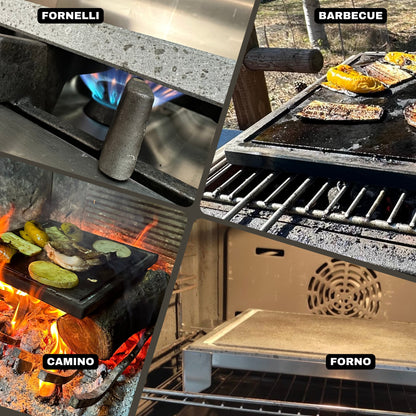 Set completo piastra lavica con vassoio inox per barbecue e forno