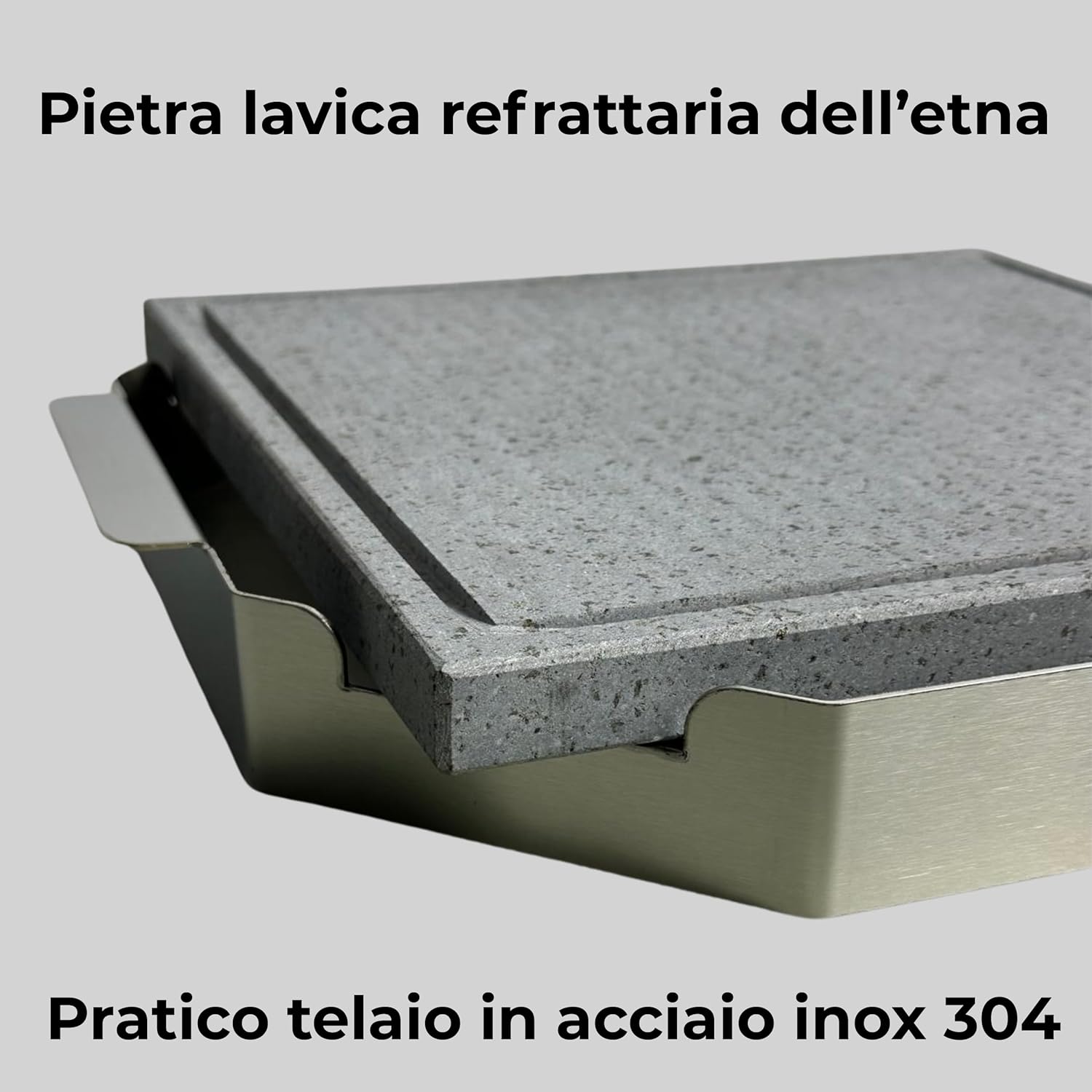 Dettaglio telaio acciaio inox e piastra refrattaria pietra lavica dell'Etna