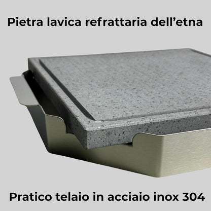 Dettaglio telaio acciaio inox e piastra refrattaria pietra lavica dell'Etna